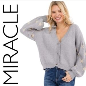 MIRACLE Sweater Cardigan Gray With Beige Stars Oversized Small Fit To Large